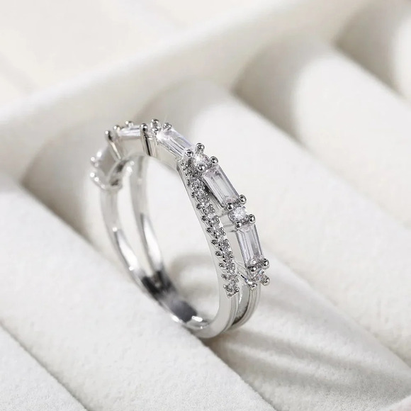 Fashion Party Two Lines Cross Zircon Anillos Trendy Silver Rings for Women, L231 - Picture 4 of 8
